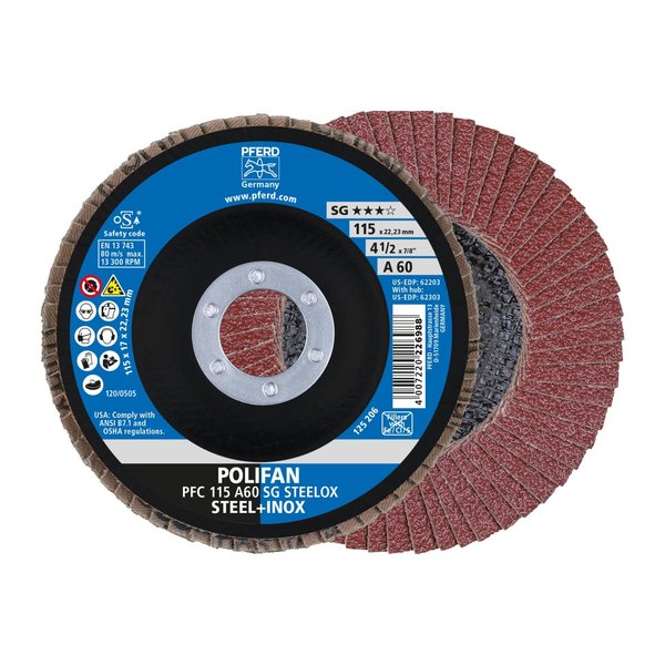 Pferd 4-1/2" x 7/8" A.H. POLIFAN® Flap Disc - A SG STEELOX, Aluminum oxide, 60 Grit, Conical 62203